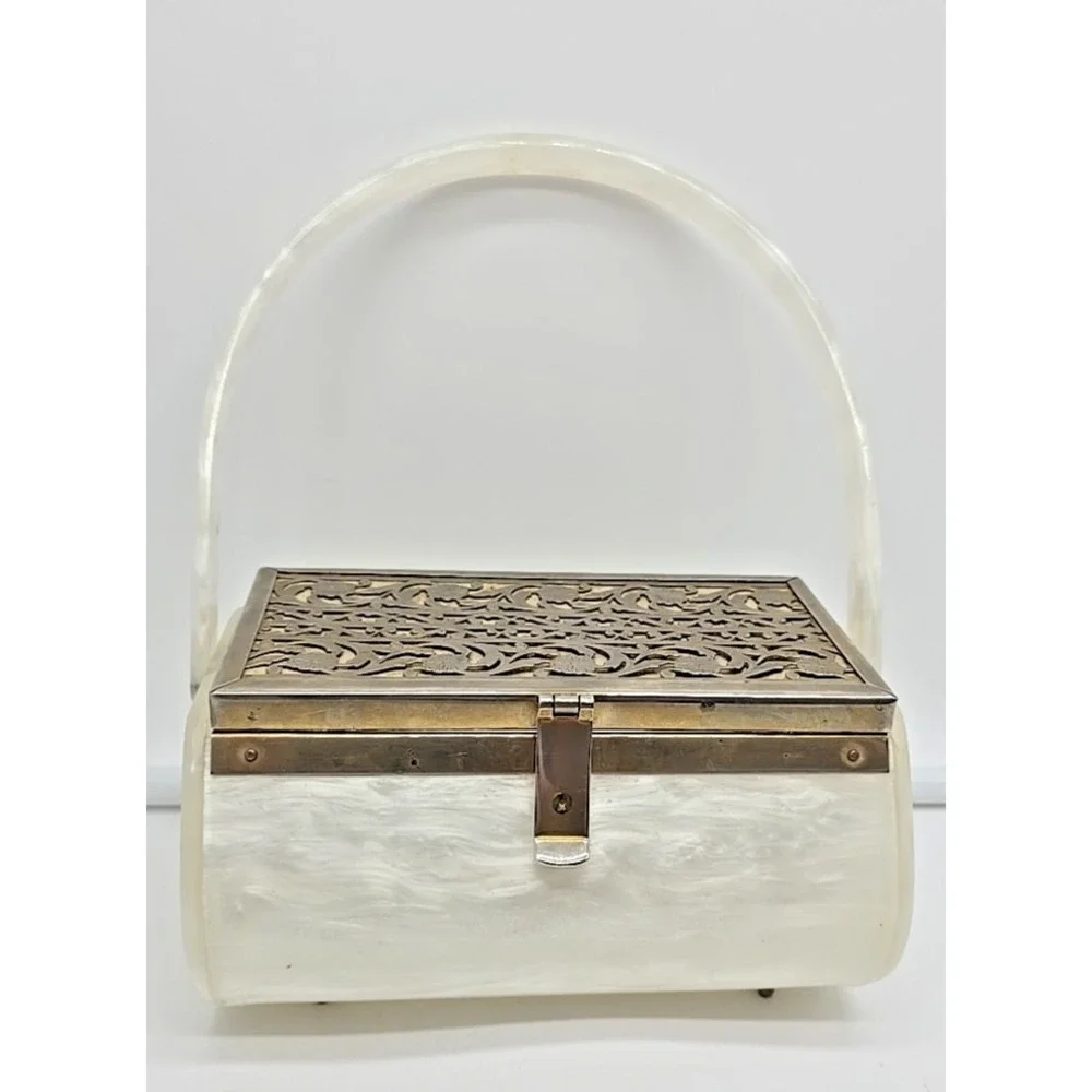 Vtg Tyrolene Lucite Purse Metal Filigree Single‎ Handle 1940's Mid Century Purse